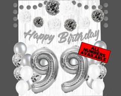 Silver & White 99th Birthday Decorations – 40″ Number Balloons &More-Boy or Girl