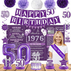 Purple 50th Birthday Decorations for Women – Back in 1976 Party Supplies Set