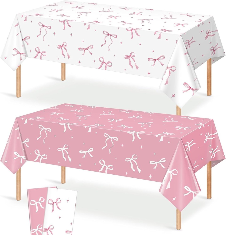 2Pcs Coquette Party Tablecloths Decorations,Pink and White Bow Plastic Table