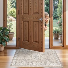 Washable 2×4 Entryway Area Rugs: Vintage Water Resistant Kitchen 2×4, Beige