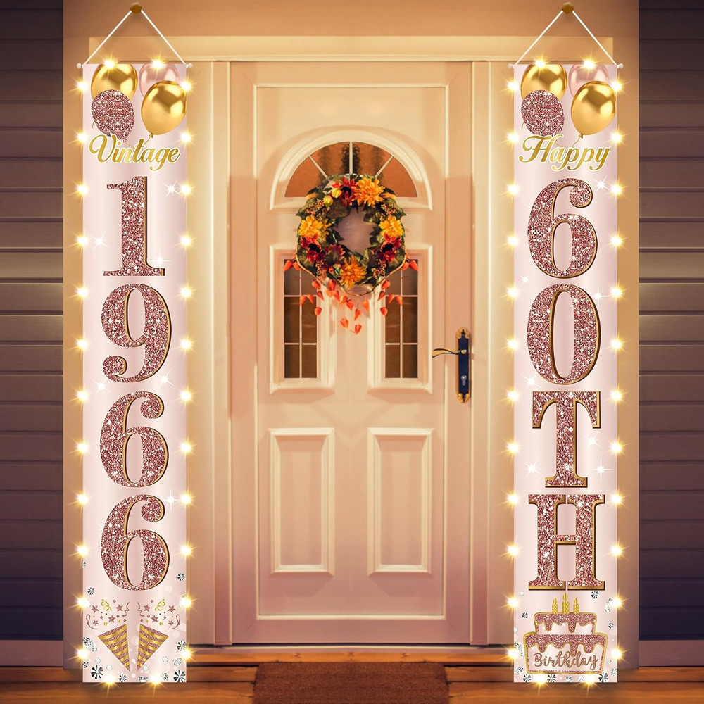 60Th Birthday Party Banner Lighted Decorations for Women-Pink Rose Gold Vintage