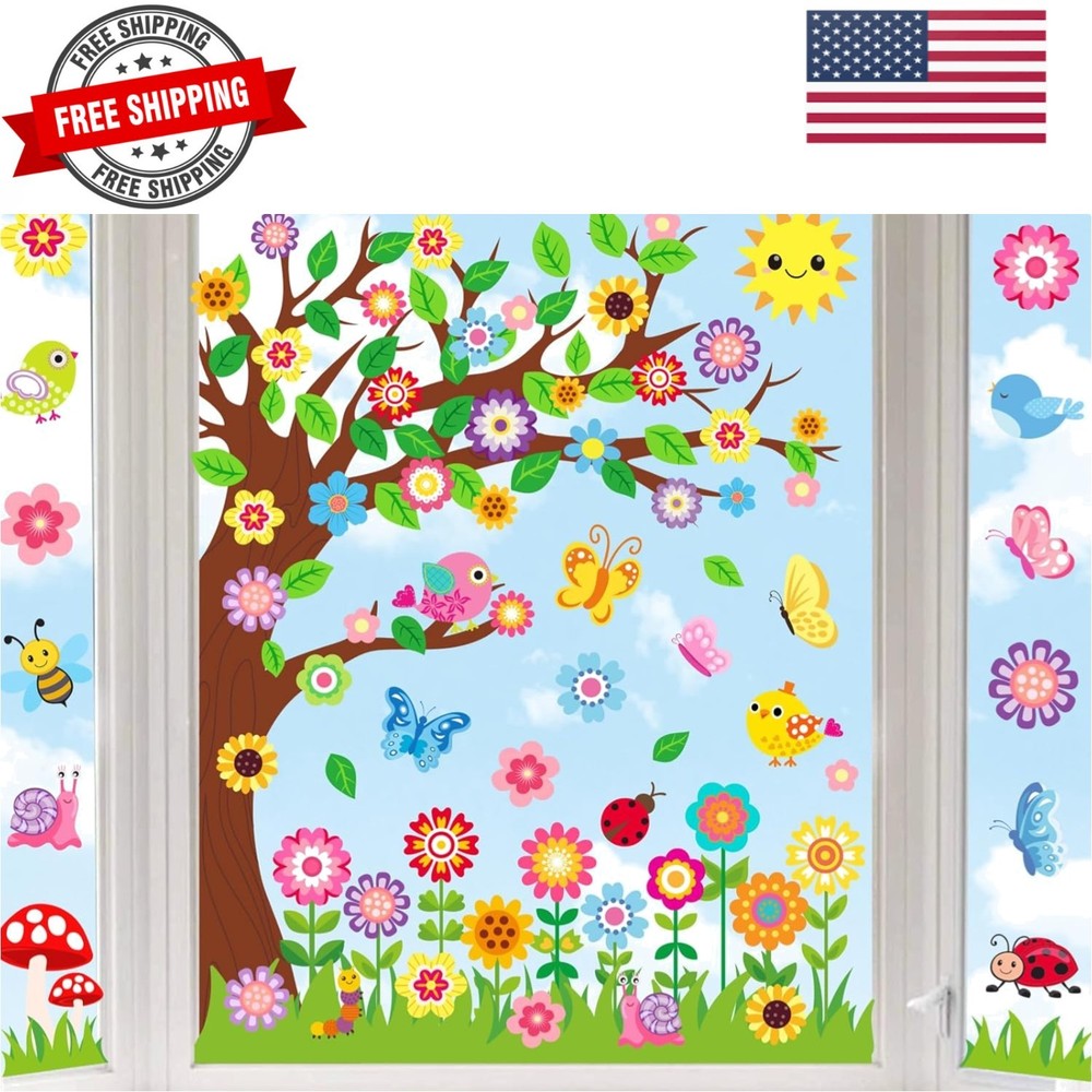 Spring Window Clings Large Cute Flower Floral Tree Garden Butterfly Bird Reus…