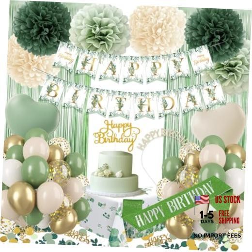 Birthday Decorations Set Party Decoration with Balloons, Banner, Pom Sage Green