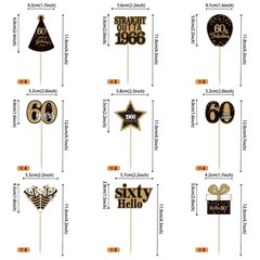 36PCS Happy 60Th Birthday Cupcake Toppers Double Sided Black Gold Sixty Hello 60