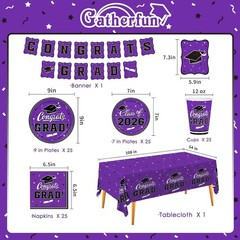 Purple Graduation Dinnerware Set for 25 Guests with Banner and Tablecloth