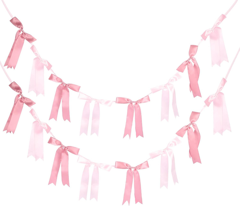 Pink Bow Garlands Banner Decoration, 2 Strings 16PCS Pre-Strung Satin Ribbon Han