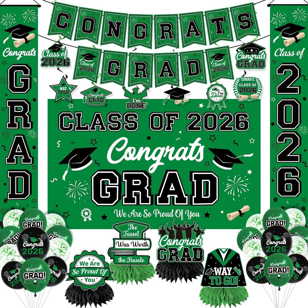 Graduation Decorations Class of 2026 Green Graduation Party Decor Set include…