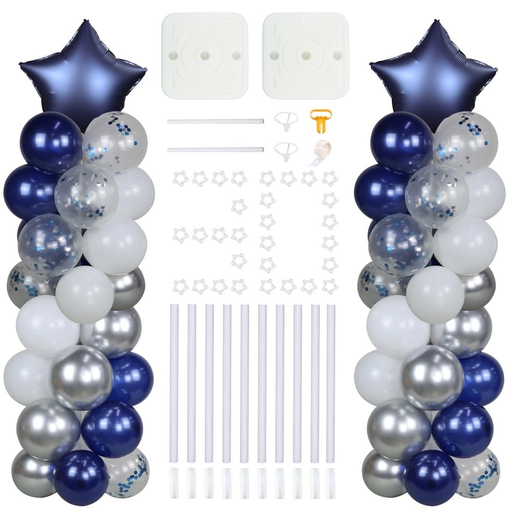 2 Set 5 Feet Balloon Column Kit With Balloons, 80 Pcs Navy Blue Silver Balloo…