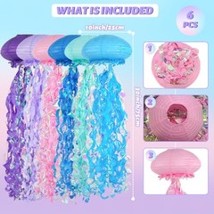 6-Pack Jellyfish Paper Lanterns, Blue Purple Pink Under The Sea Muti Color