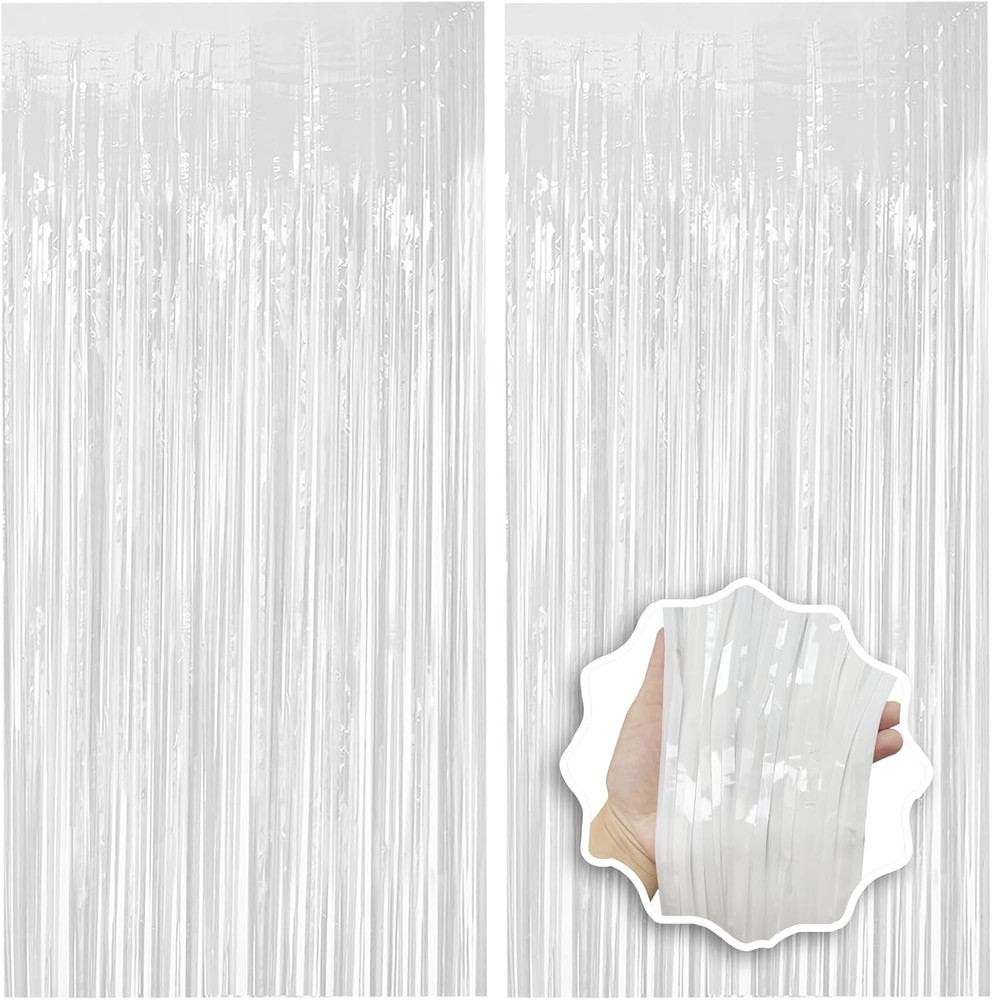White Foil Fringe Backdrop Curtain 2 Pack 3.3X8.2 Ft, White Tinsel Streamers Bir