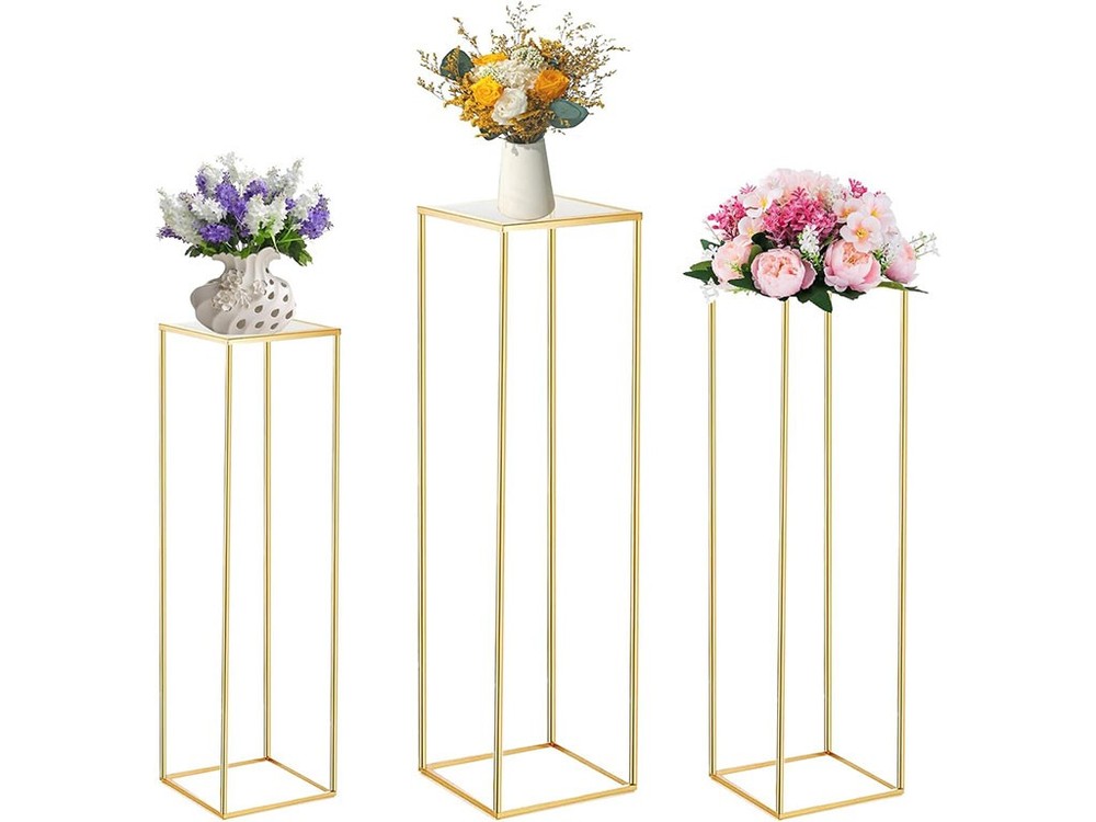 BONASTELLA 3PCS 23.6″ 31.5″ 39.3″ HEIGHTS PARTY CAKE SQUARE PEDESTAL STANDS GOLD