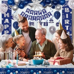 Blue Birthday Decorations for Men Women Boys, Happy Birthday Blue Silver