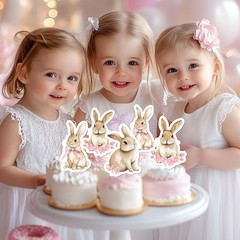 36 PCS Pink Bow Floral Bunny Cupcake Toppers Rabbit Theme Party Decoration