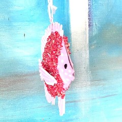 Pink Fish Metal Ornament – Bead Sequin Lightweight Nautical Mermaid Tropical
