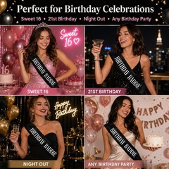 GLITZJOY Birthday Sash, BIRTHDAY BADDIE Sash Black 160cm, & Silver