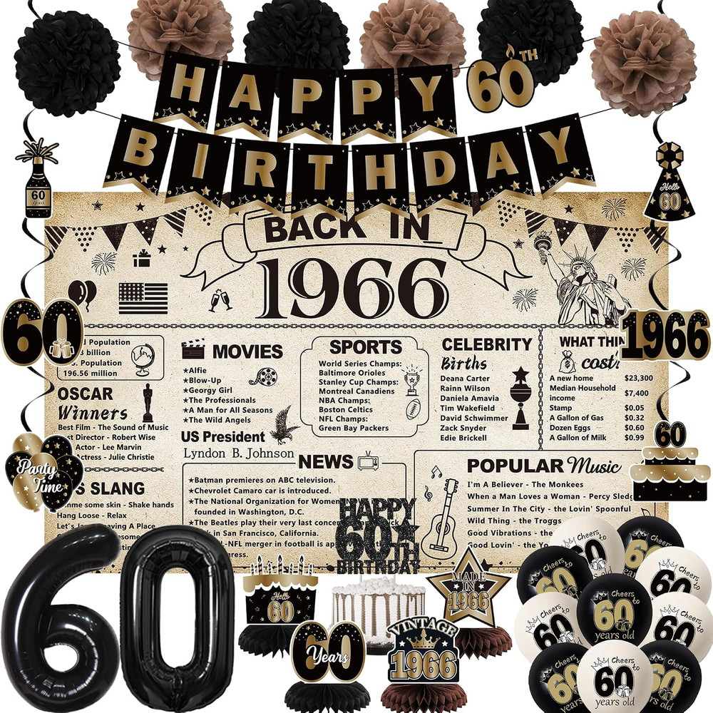 60Th Birthday Party Decorations for Men Women, Vintage Back in 1966 Banner, Blac