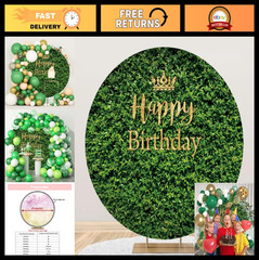 Happy Birthday Round Backdrop – Green Leaves Grass Wall Decor for Party, 6.5ft