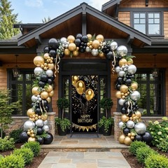 Happy Birthday Door Banner Decorations – Black and Gold Birthday Door Cover f…