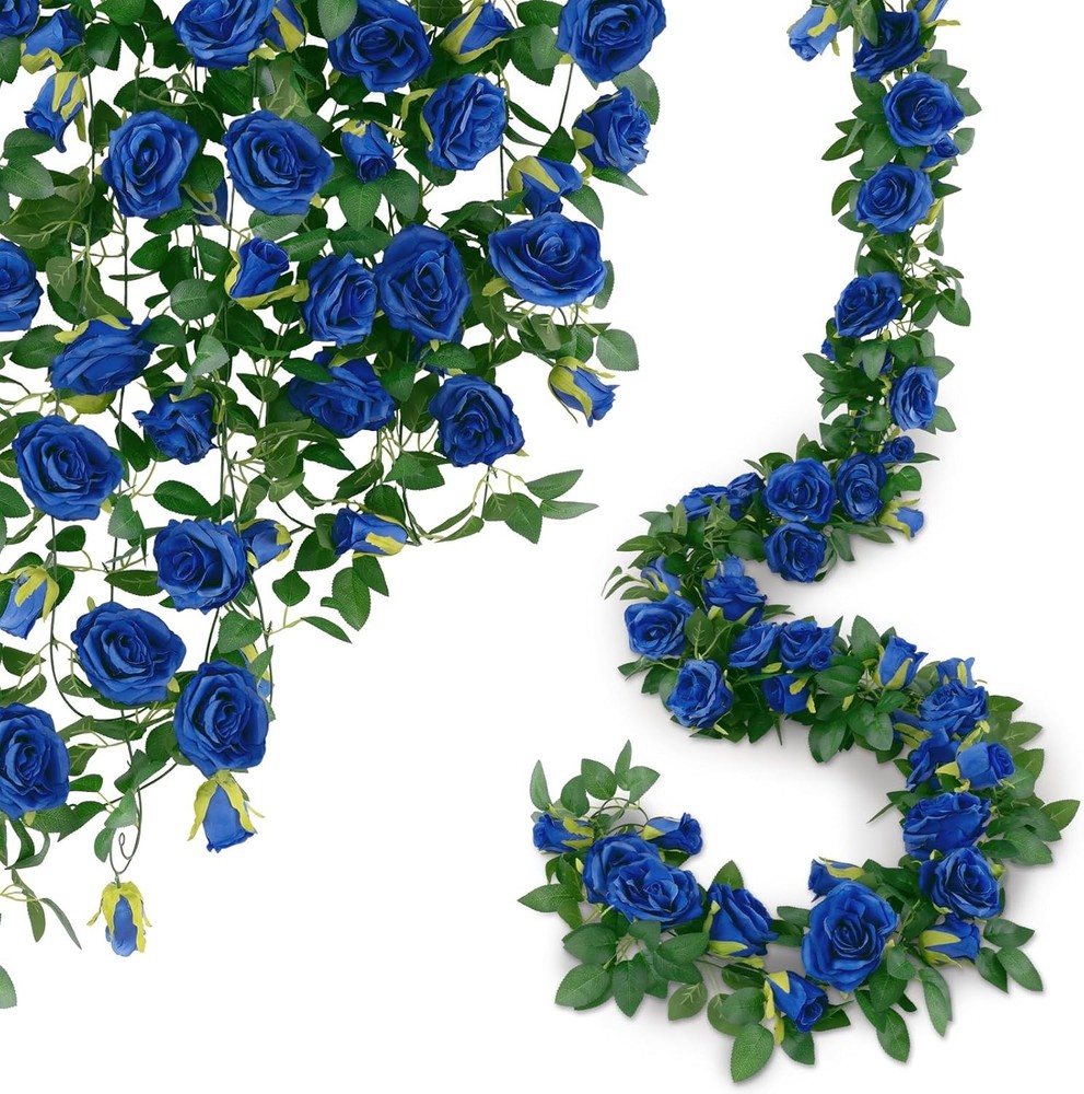 5 Pack Artificial Royal Blue Rose Vines Floral Garlands Total 32.5 Ft Fake Vine