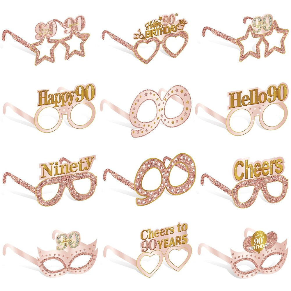 24PCS 90th Birthday Paper Eyeglasses Decorations for Women, Pink Rose Gold Ha…