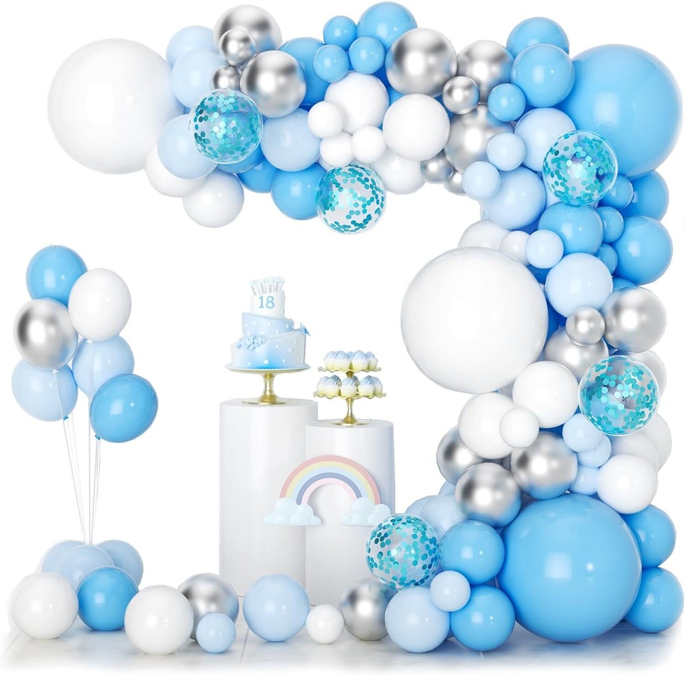 Blue Balloons Arch Garland Kit, 129Pcs Blue White Silver Confetti Balloons Fo…
