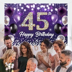 Happy 45th Birthday Backdrop Banner Purple Theme Background with Shiny 45