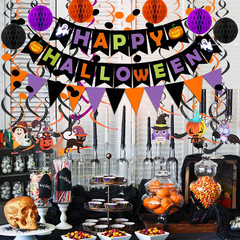 Happy Halloween Banner Paper Triangle Flag Bunting Circle Confetti Dots Hanging