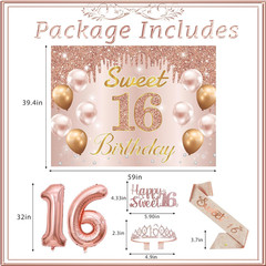 Sweet 16 Party Decorations, Sweet 16Th Birthday Crown and Sash Pink Rose Gold Si