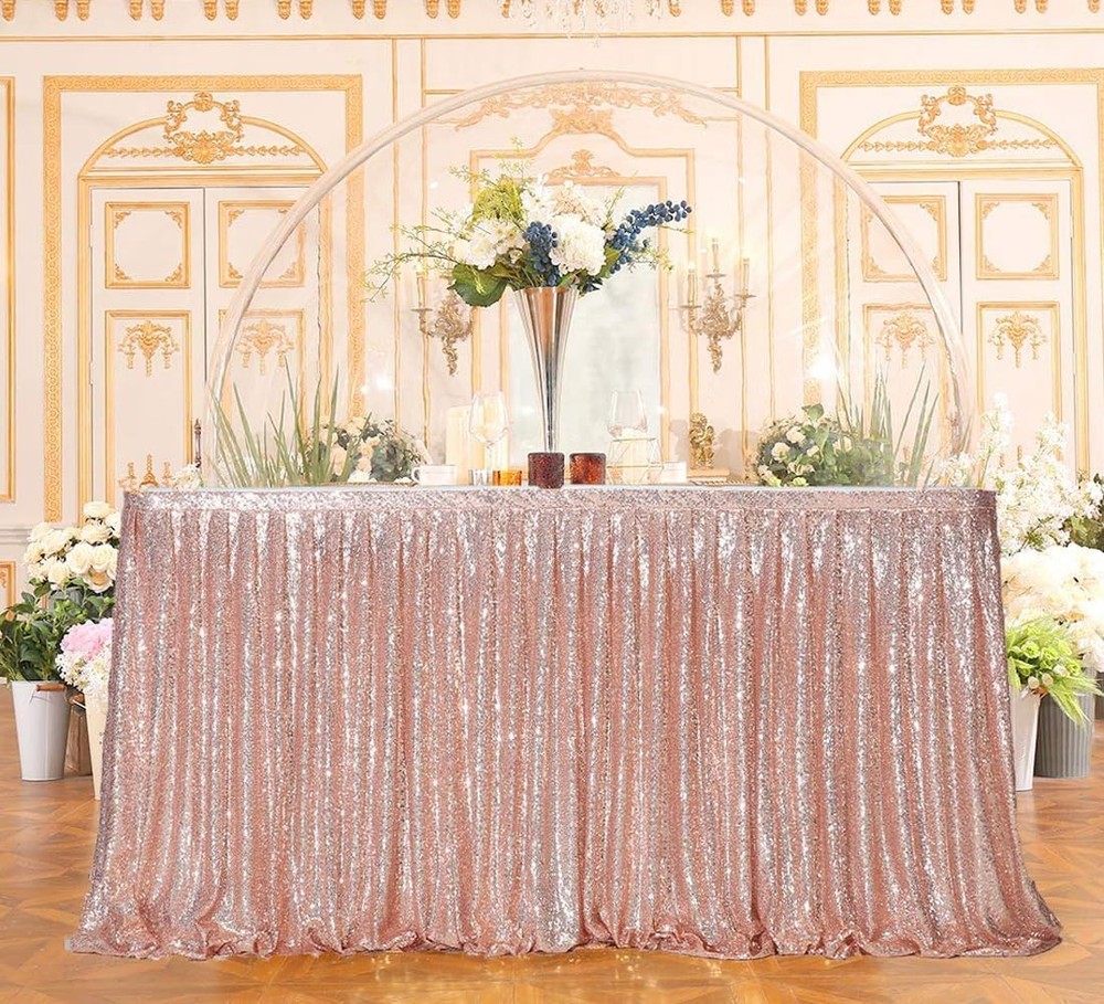 6ft Rose Gold Sequin Table Skirt Rectangle Round Table Cover for Party Wedding
