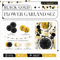Black Gold Party Decorations, 15 PCS Tissue Paper Pom Poms Kit for 2026 Graduati