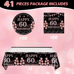 41Pcs 60th Birthday Decorations for Women, Vintage 60 Birthday Black and Rose…