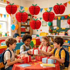 5 Pcs Red Apple Shaped Paper Honeycomb Paper Apple Hanging Decoration School Cla