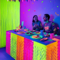 Neon Party Decorations 2 Pack Metallic Tinsel Fringe Table Skirts