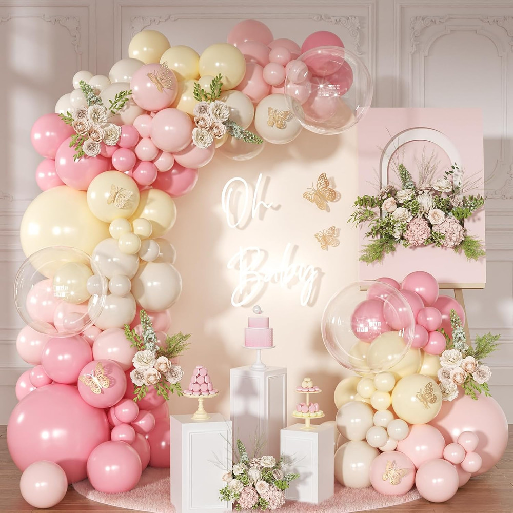 Pink and Yellow Balloon Arch Garland Kit 126Pcs Pastel Light Pink Sand White Bal