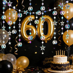 Iridescent 60Th Birthday Decorations for Her and Him Number 60 Circle Dots Star