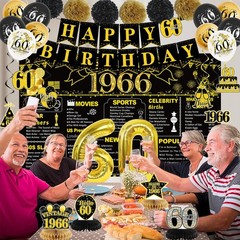 60th Birthday Decorations Set, Back in 1966 Black & Gold Party Supplies, 30 Pcs