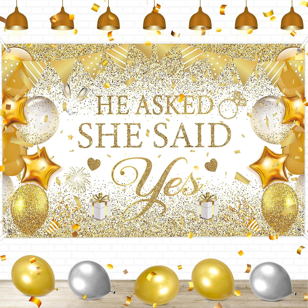 Gold Engagement Party Decorations White Gold Engagement Banner Backdrop He Asked