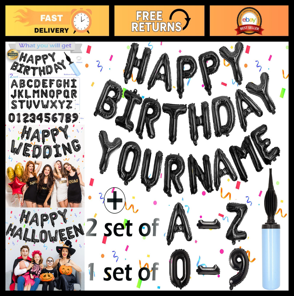 76pcs Birthday Balloon Set, Black Foil Letters, Customizable A-Z & 0-9, Pump Inc