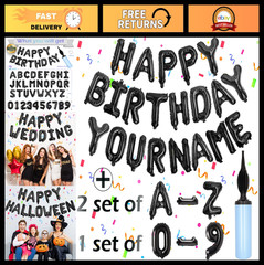 76pcs Birthday Balloon Set, Black Foil Letters, Customizable A-Z & 0-9, Pump Inc