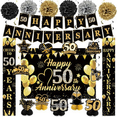Happy 50Th Wedding Anniversary Decorations Kit, Black Gold Happy 50Th Anniversar