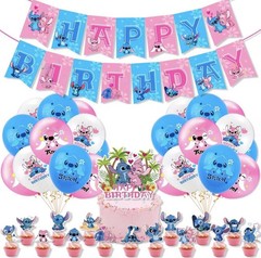 Stitch & Angel Birthday Party Set Balloons Banner Cake Toppers Pink Blue Cartoon
