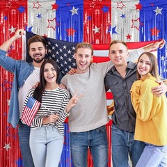 Party Streamer Backdrop 2 Pack Red Blue Silver Festive 4th July Photo Prop Set