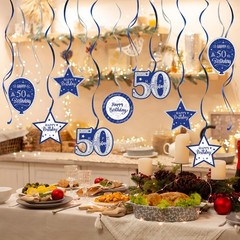 Happy 50th Birthday Blue Silver Glitter Swirls Streamers Party Decorations 15pc
