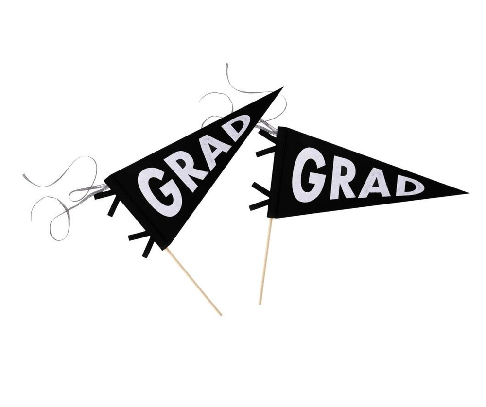 2-pk Bonjour Fête Black & White Grad Pennant Felt Flag Streamers & Rod 15″ x 7″