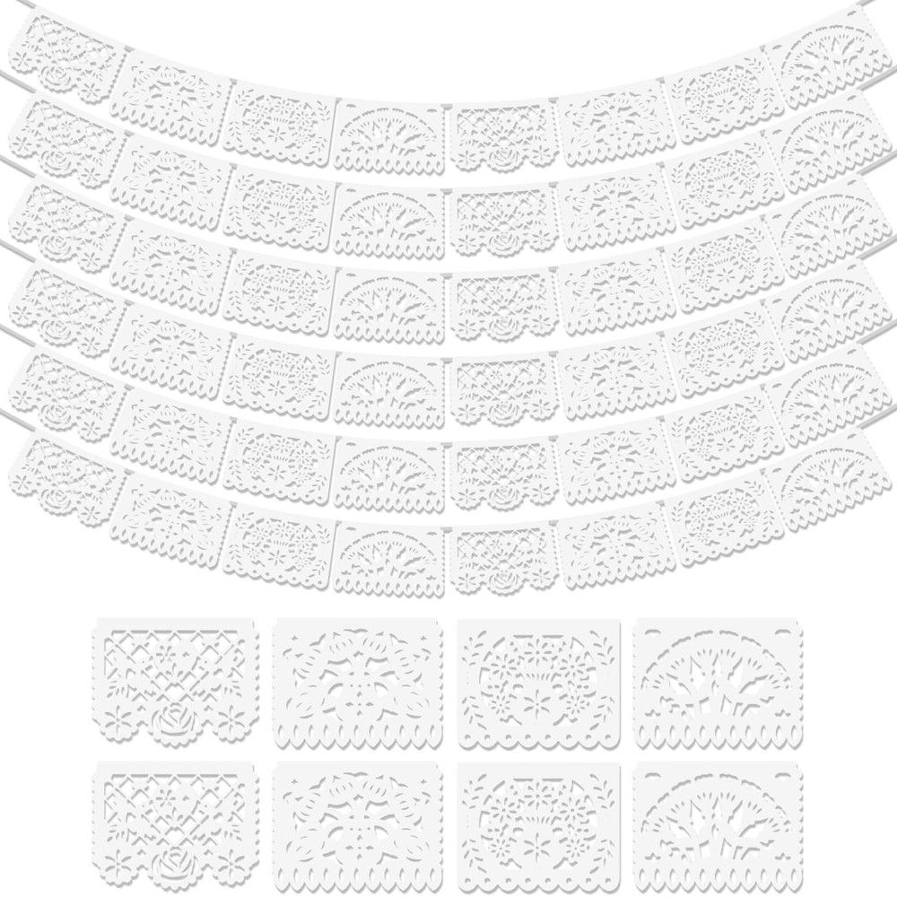 6Pack White Papel Picado Banner, Cinco De Mayo Plastic Mexican Party Banner W…
