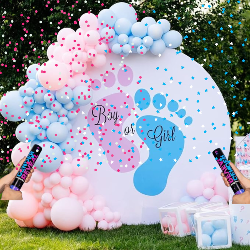 Gender Reveal Balloon Arch Kit with 6 Pink and Blue Confetti Poppers