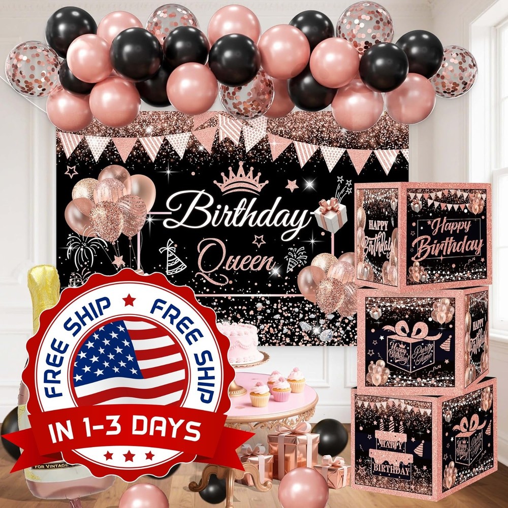 Decoraciones De Cumpleaños En Negro Y Oro Rosa Para Mujeres, Decoraciones NUEVO.