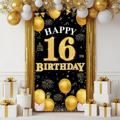 PHXEY Happy 16th Birthday Decorations for Girls and Boys, Black Gold