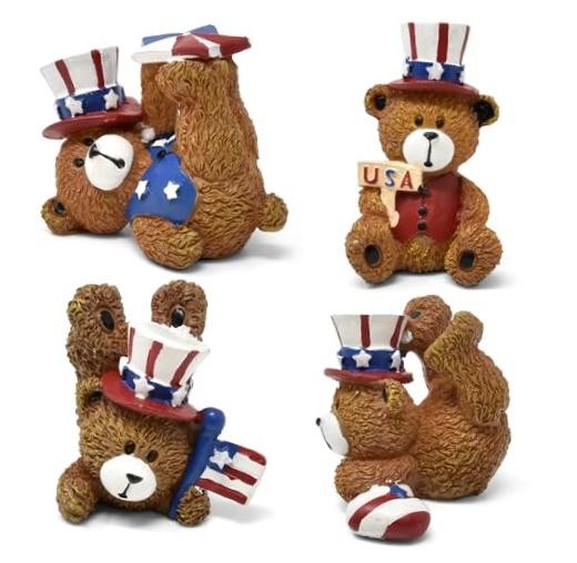 Patriotic Bear Figurines Set 4 Mini Teddy Bears Uncle Sam Resin Table Top