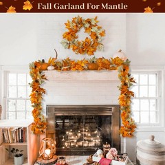 6 FT Fall Garland with Timer Lights Maples Leaves Garland with Berries Pine C…
